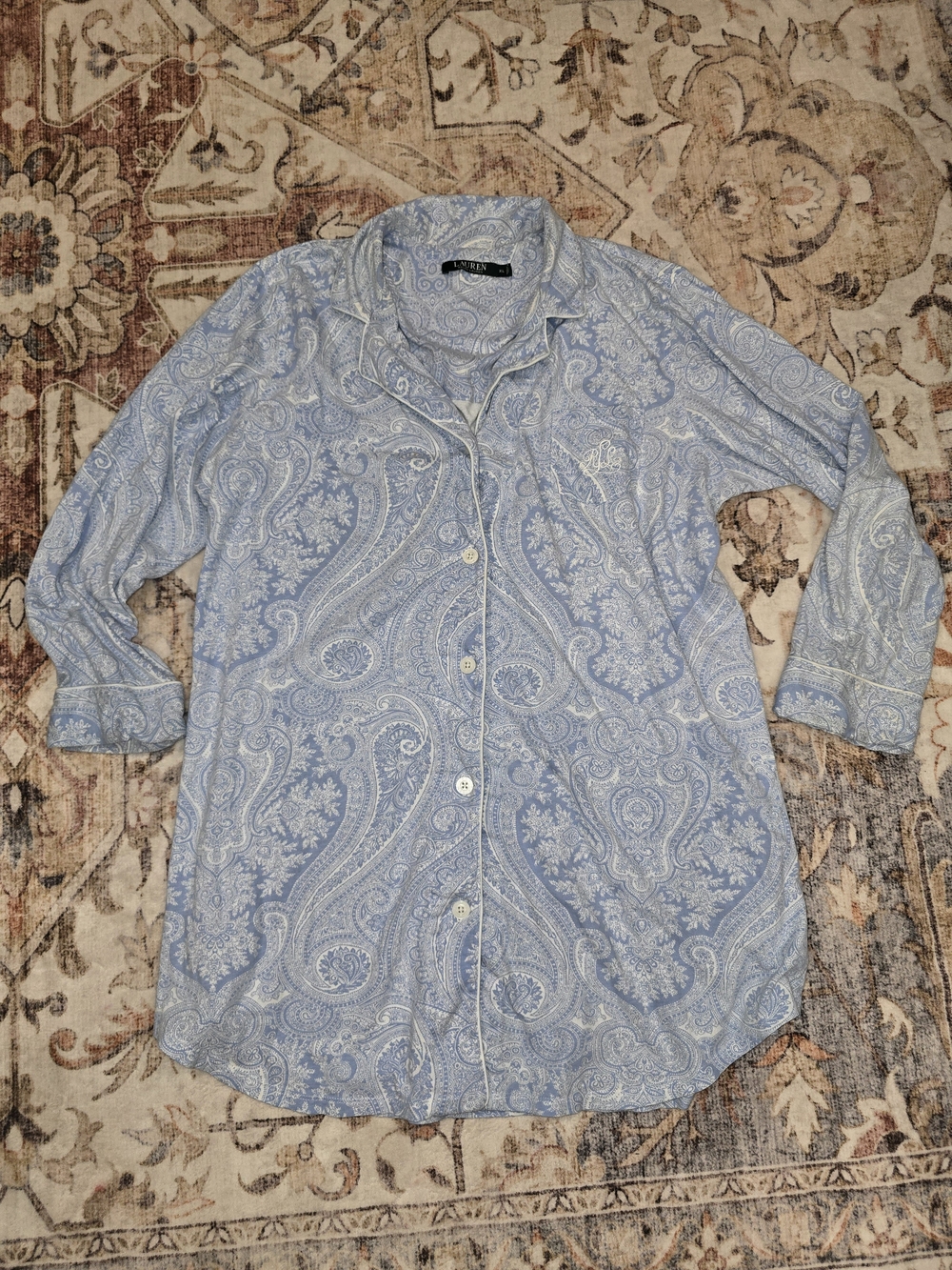 Ralph Lauren Light Blue and White Paisley Button-Up Sleep Shirt